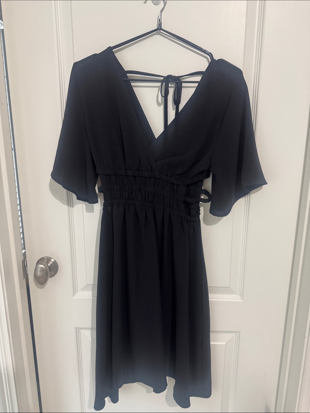 SHEIN Black V-Neck Smocked-Waist Midi Dress